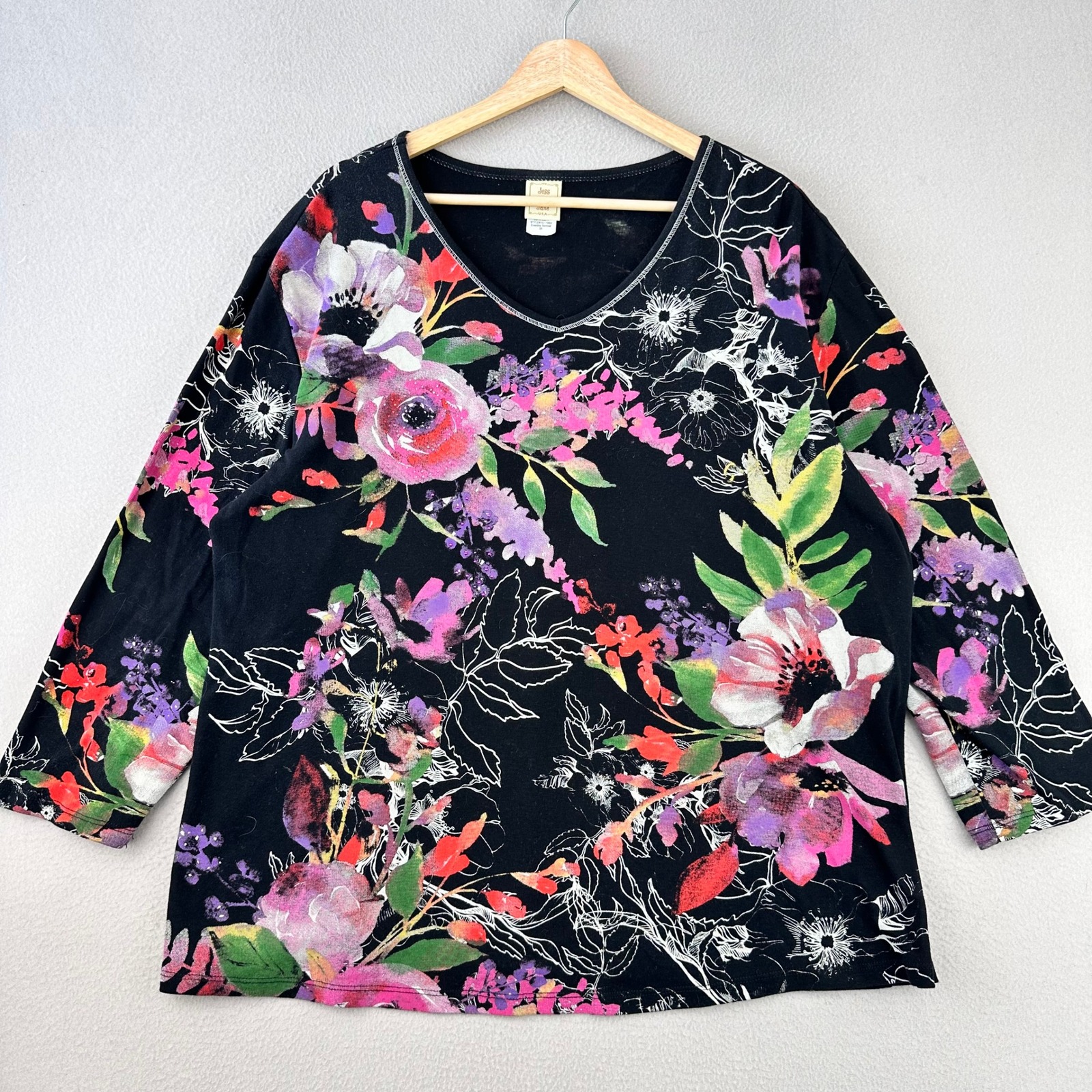Jess & Jane Evening Sonnet Top Womens 3x Black Floral V-Neck Lagenlook Tropical